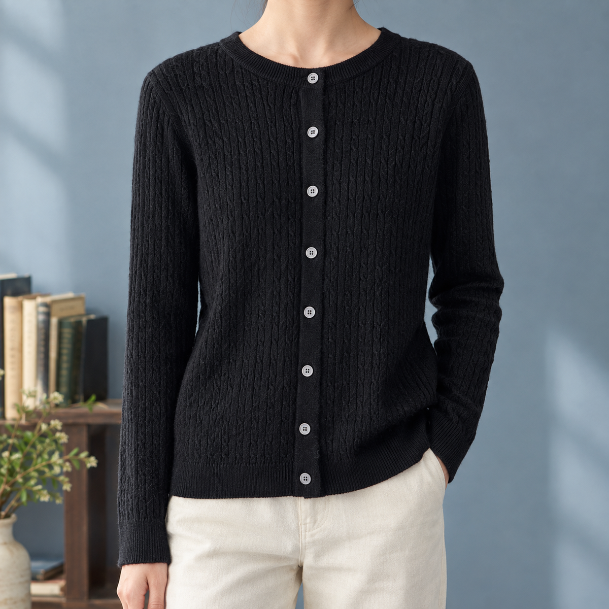 Caroline Cable Knit Cardigan - Black