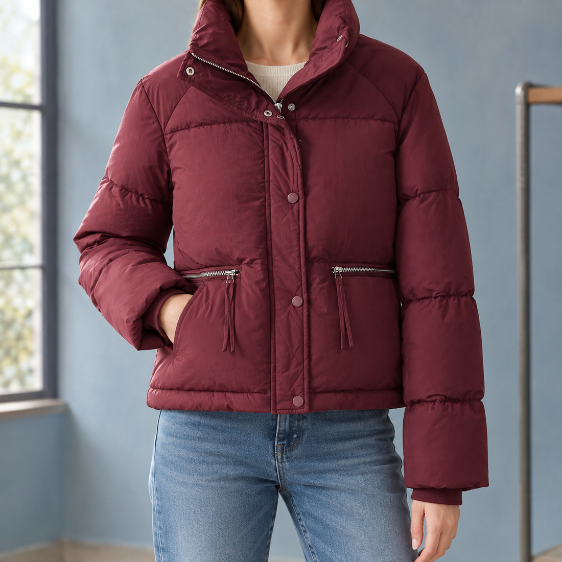 Delphine Cropped Puffer Jacket - Car Lining Red