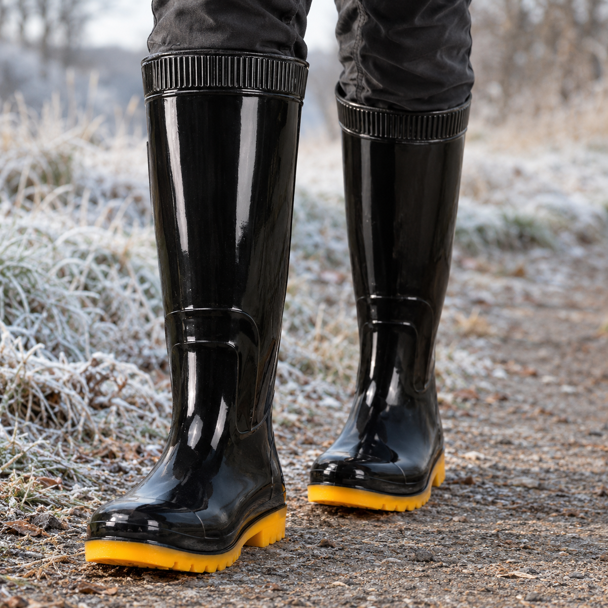 Balzano High Rain Boots - High Tube Black Yellow Bottom