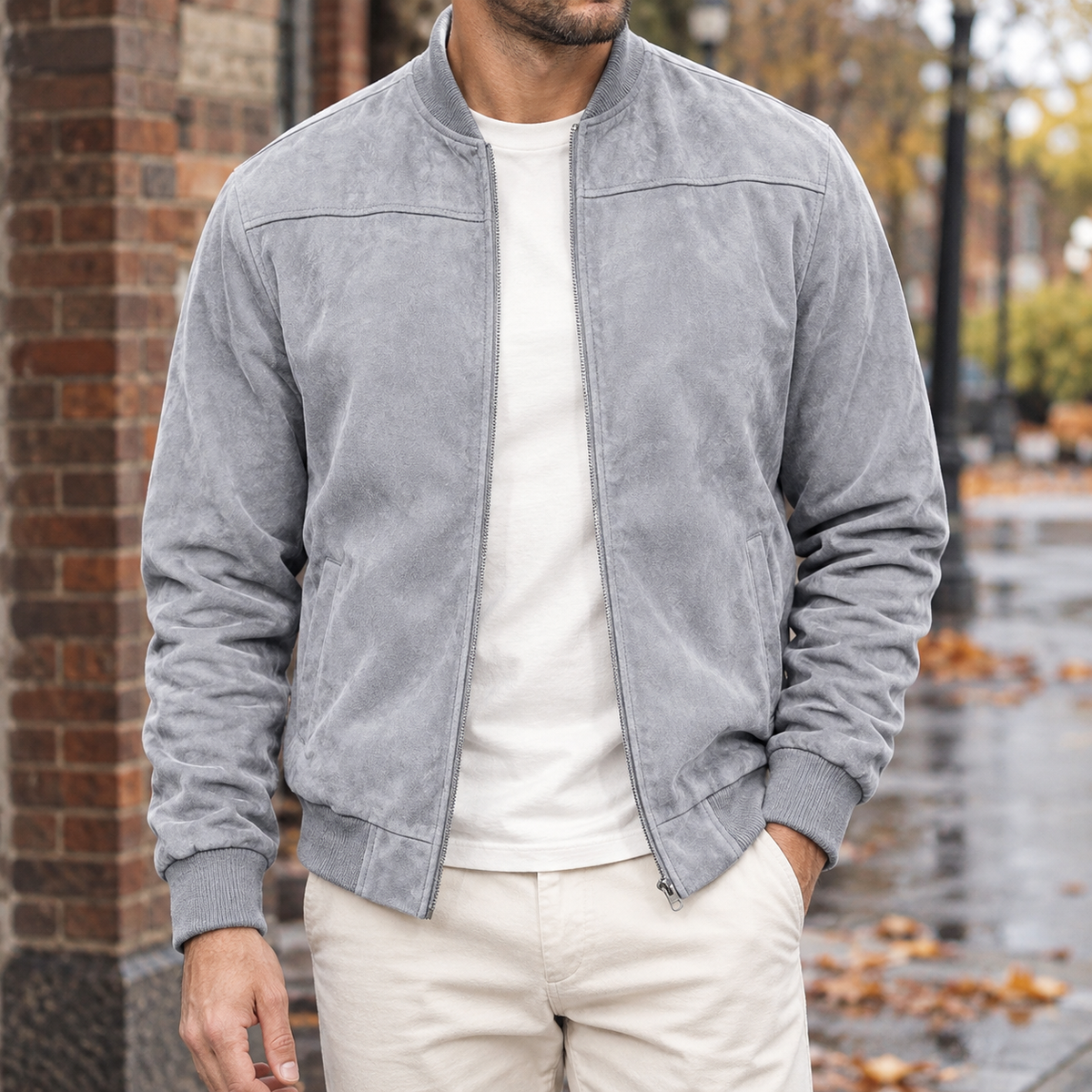 Ross Suede Bomber Jacket - Light Gray
