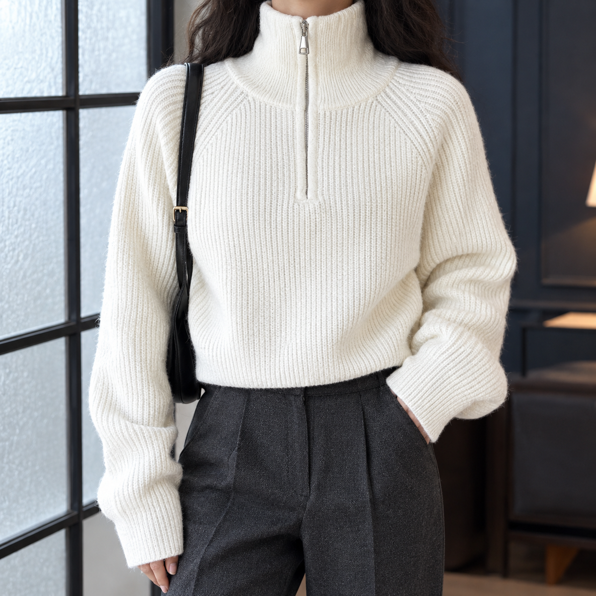 Selena Half-Zip Sweater - White
