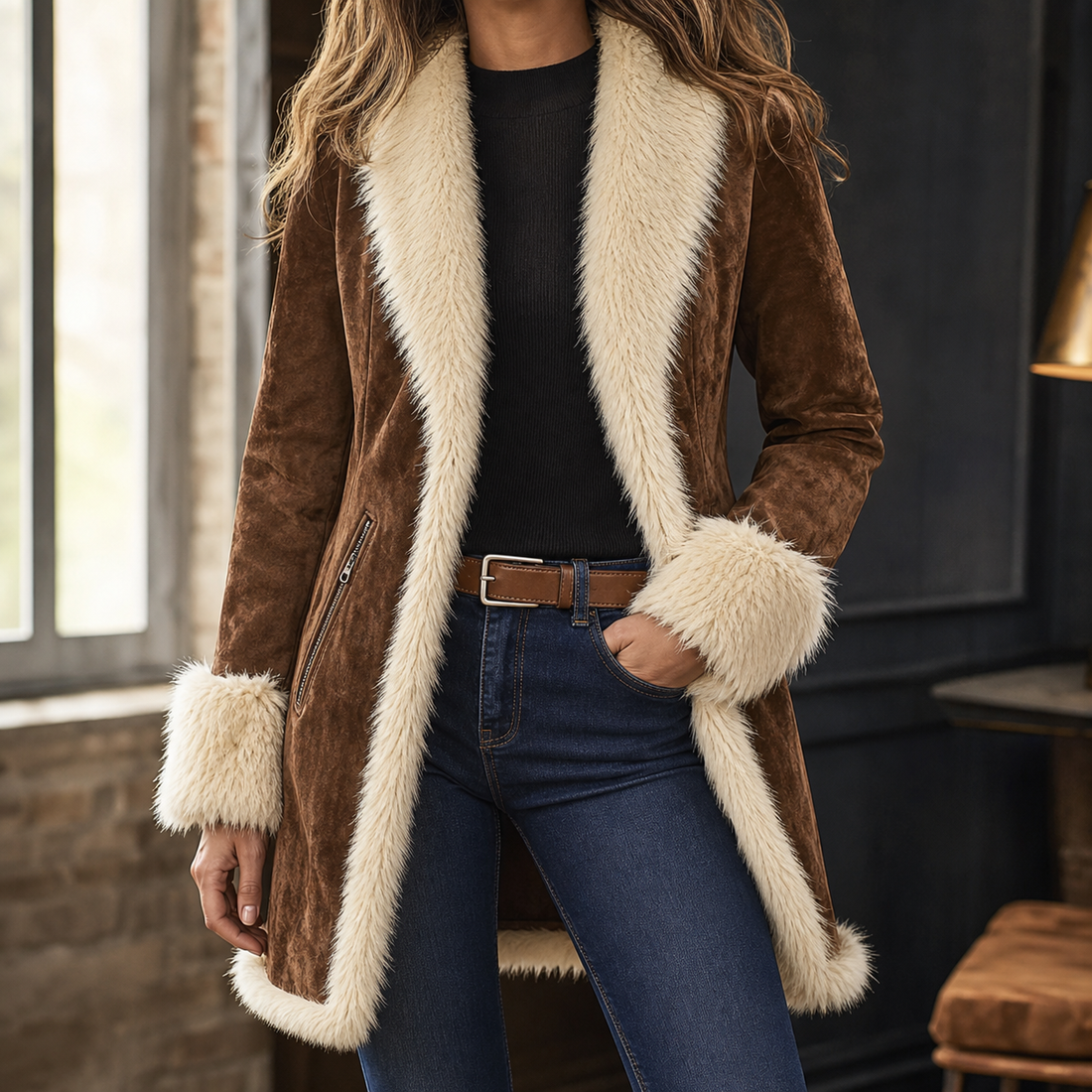 Pippa Fleece Trim Jacket - Dark Brown