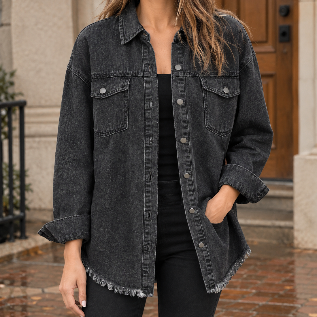 Odalys Frayed Denim Overshirt - Black