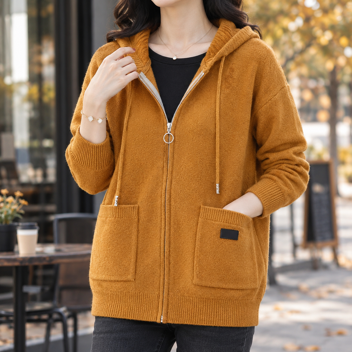 Elettra Hooded Zip Sweater - Yellow