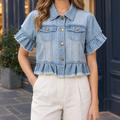 Jade Ruffled Denim Jacket - Light Blue
