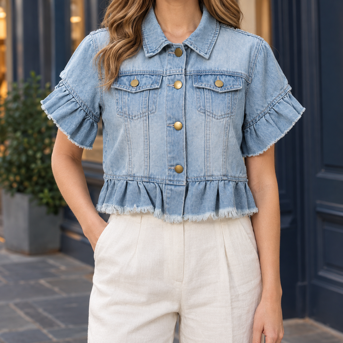 Jade Ruffled Denim Jacket - Light Blue
