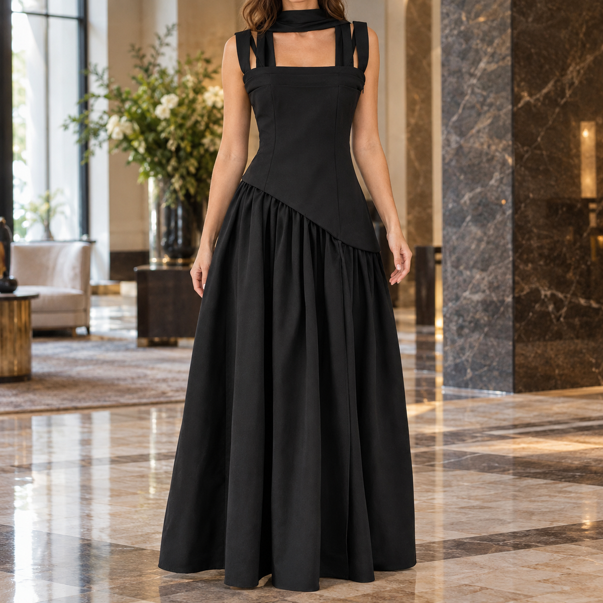 Alba Asymmetric Maxi Dress - Black
