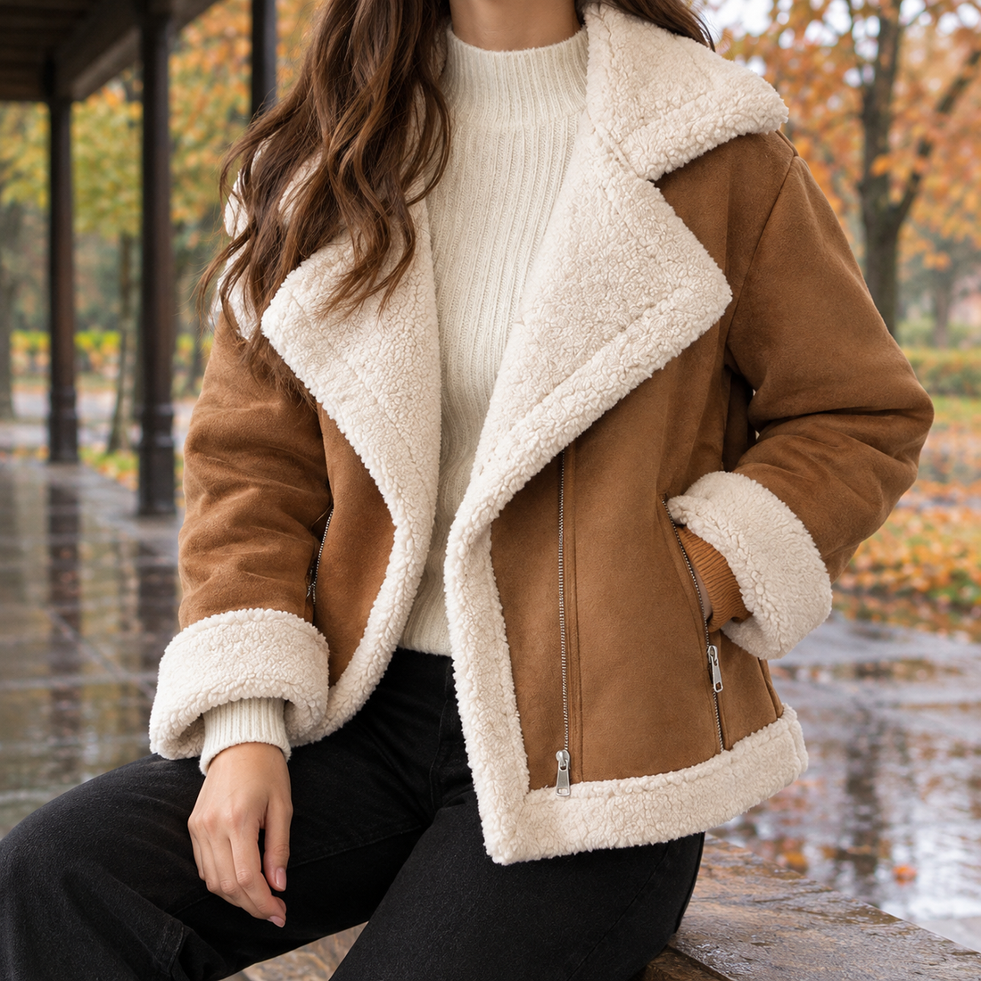 Lara Suede Biker Jacket - Brown