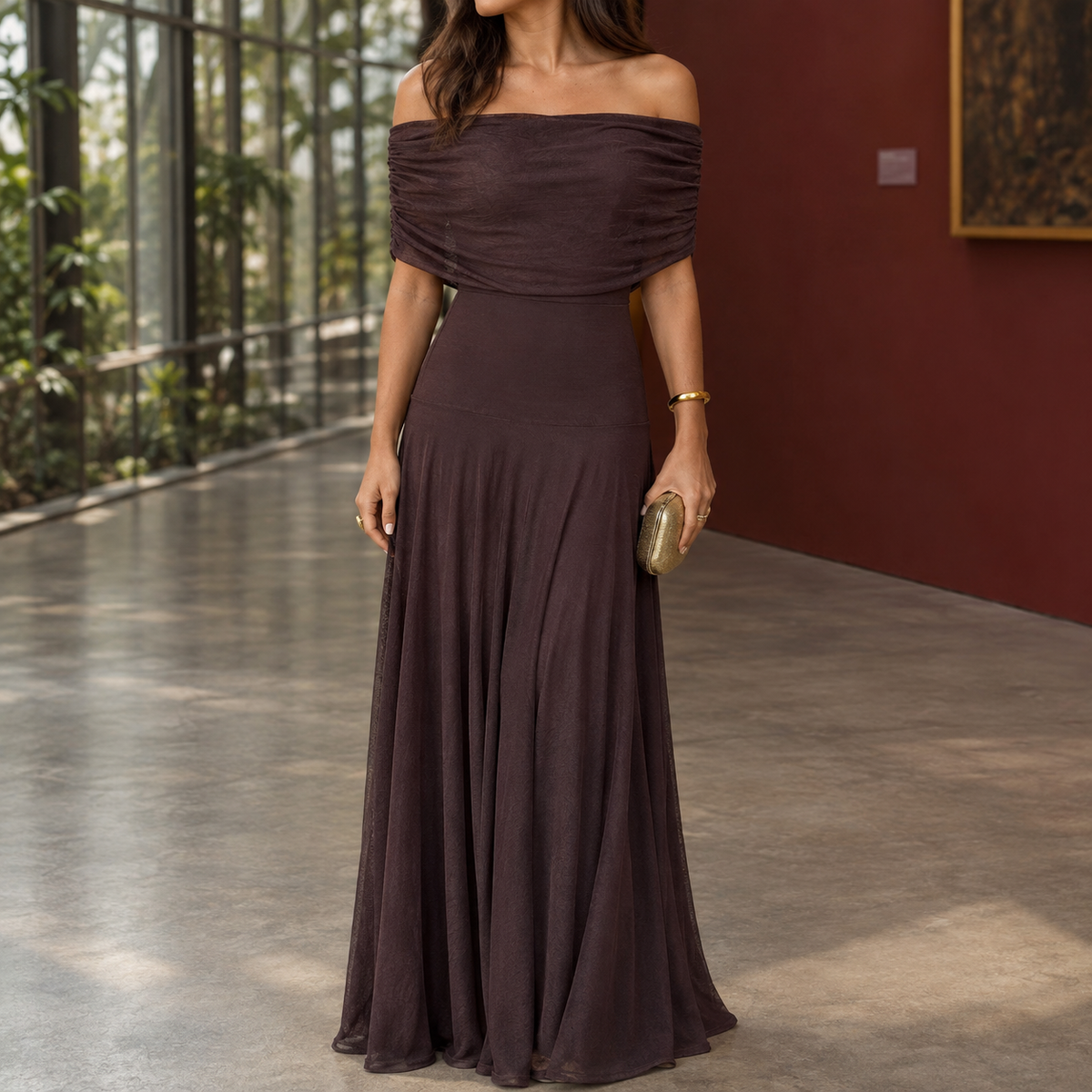 Cleo Off-Shoulder Maxi Dress - Chocolate Brown