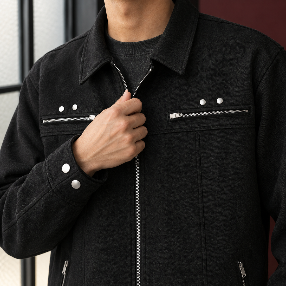 Rhys Suede Biker Jacket - Lead Product Detail
