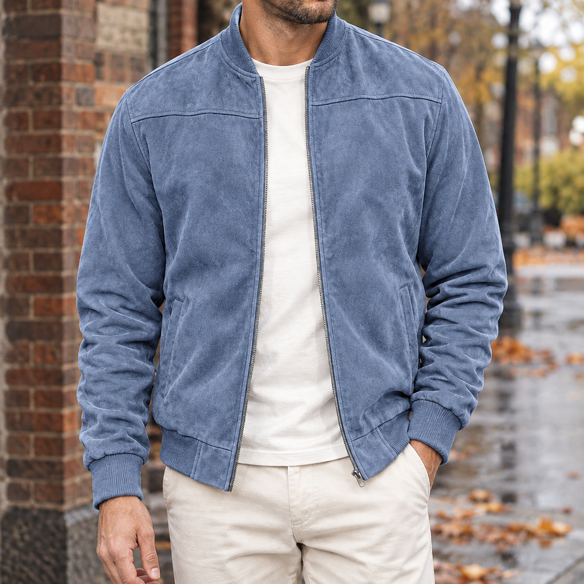 Ross Suede Bomber Jacket - Denim Blue