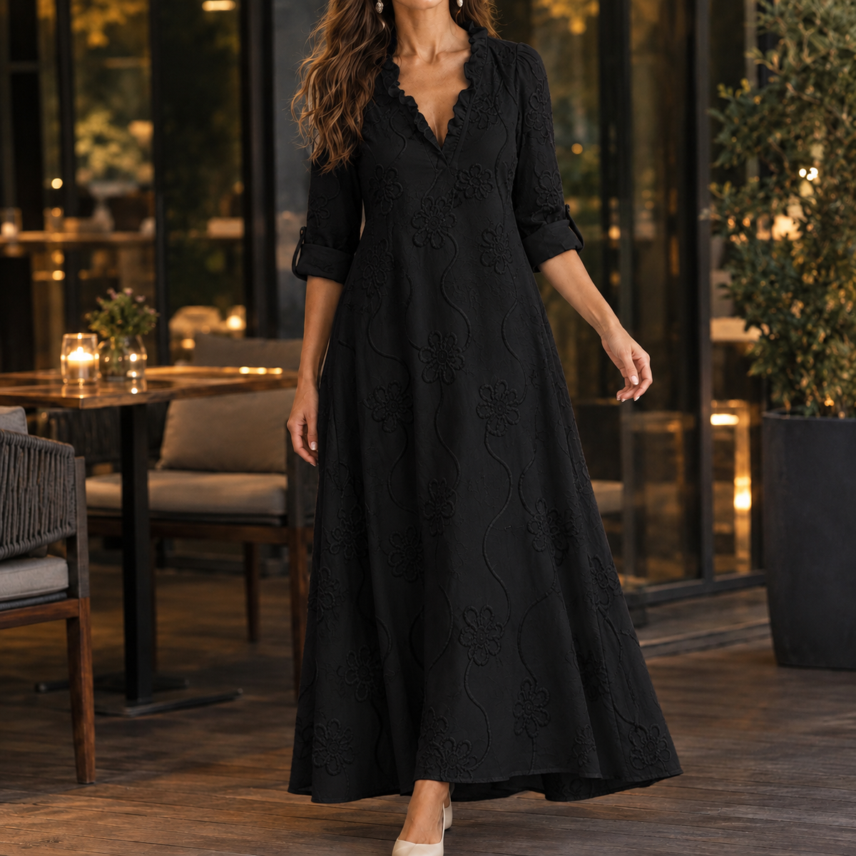 Cora Embroidered Maxi Dress - Black