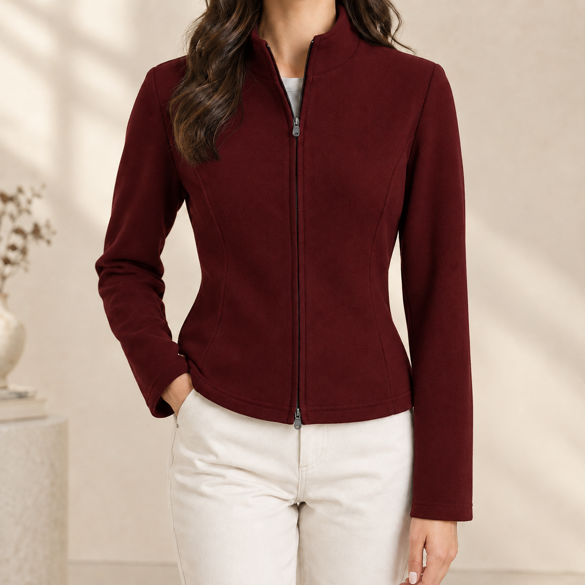Camille Stand Collar Top - Angora Red