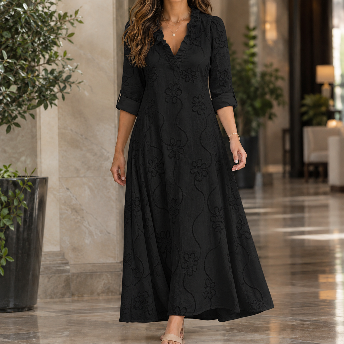 Florence Ruffle Midi Dress - Black