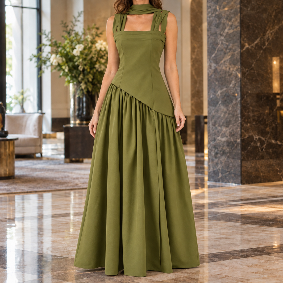 Alba Asymmetric Maxi Dress - Olive