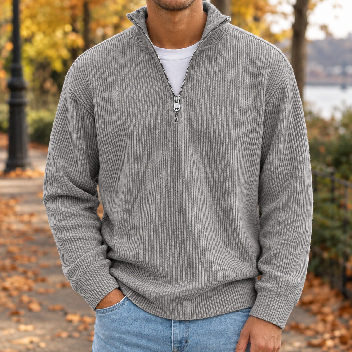 Celestin Ribbed Zip Sweater - Gray