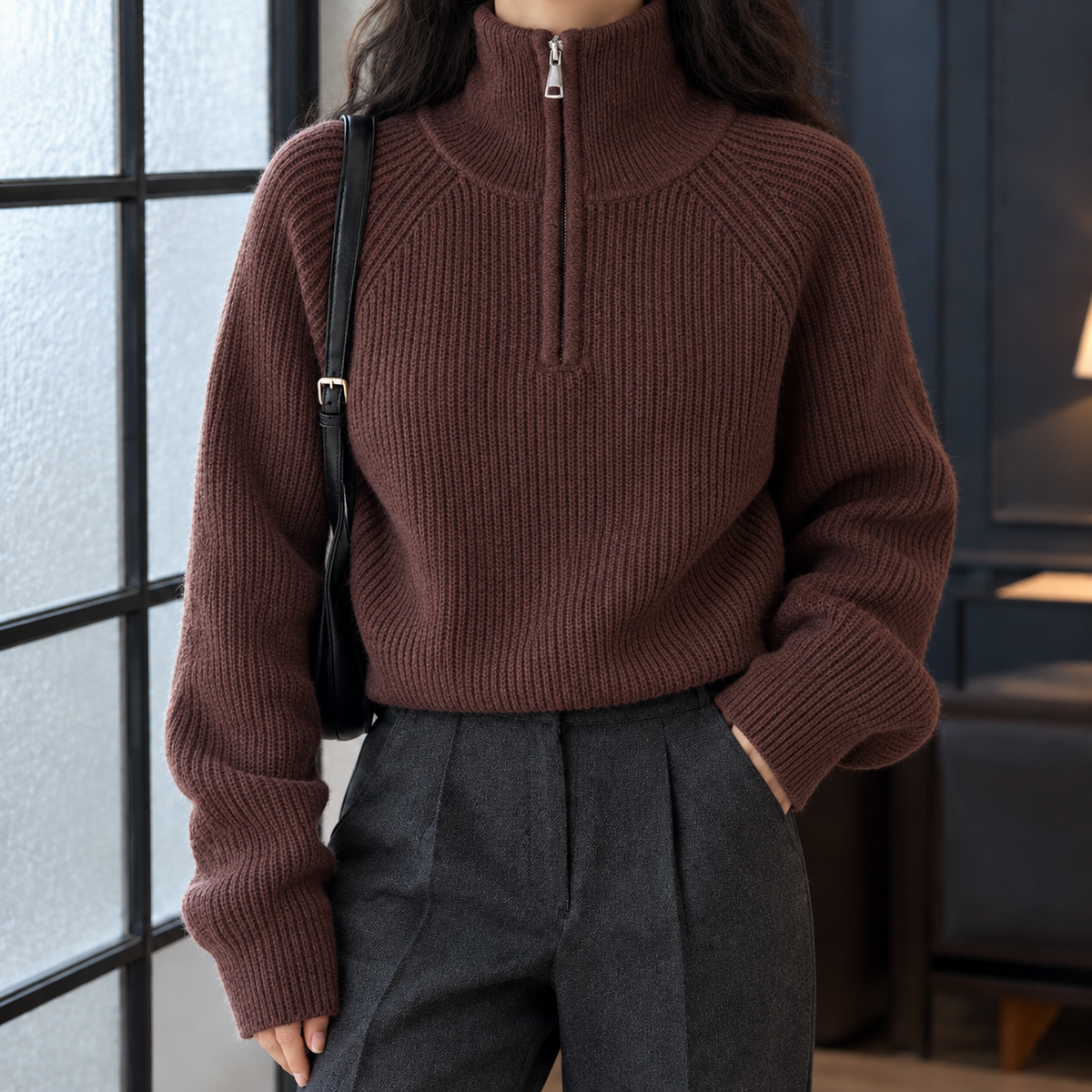 Selena Half-Zip Sweater - Brown