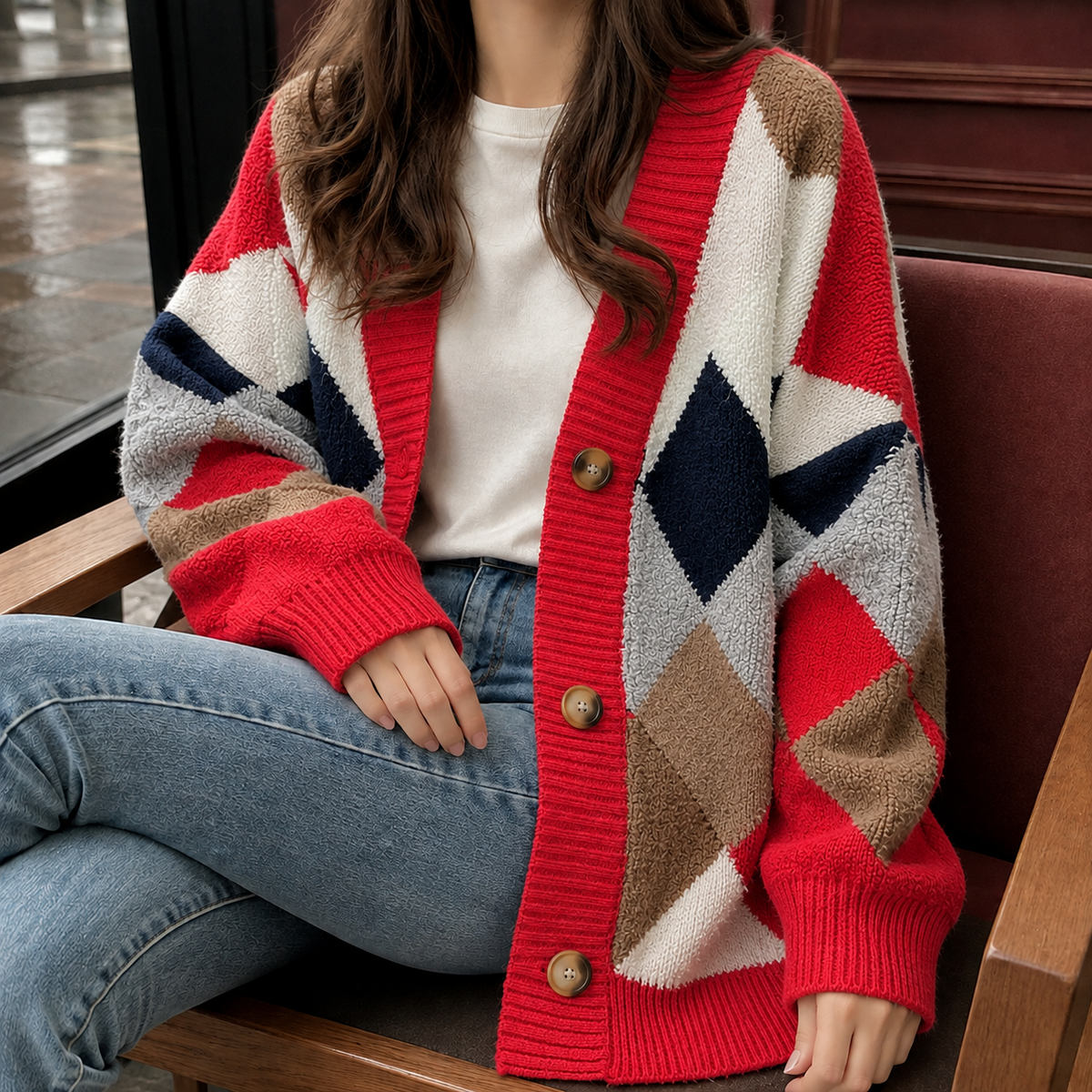 Elodie Argyle Cardigan - Red