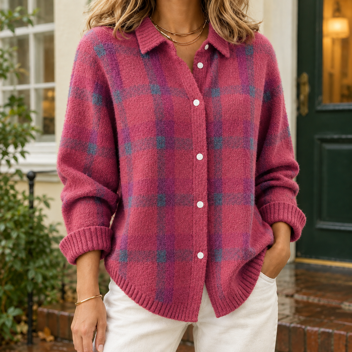 Audrey Plaid Cardigan - Deep Pink