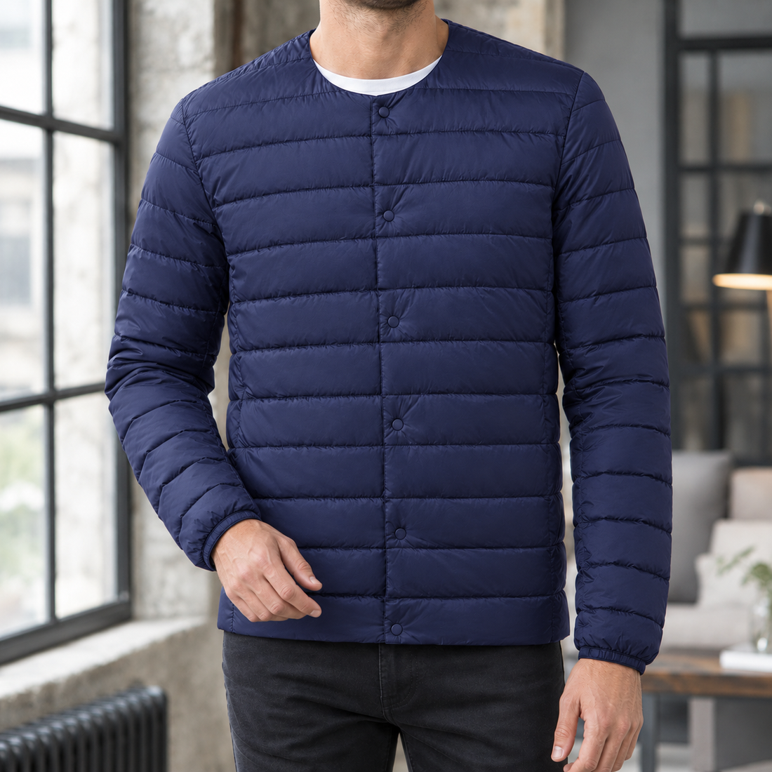 Graham Collarless Down Jacket - Navy Blue