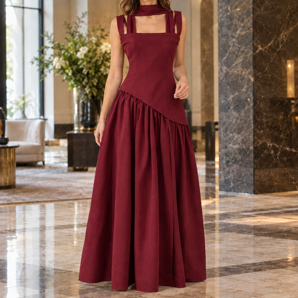 Alba Asymmetric Maxi Dress - Deep Red