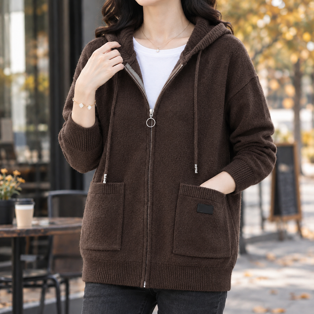 Elettra Hooded Zip Sweater - Brown