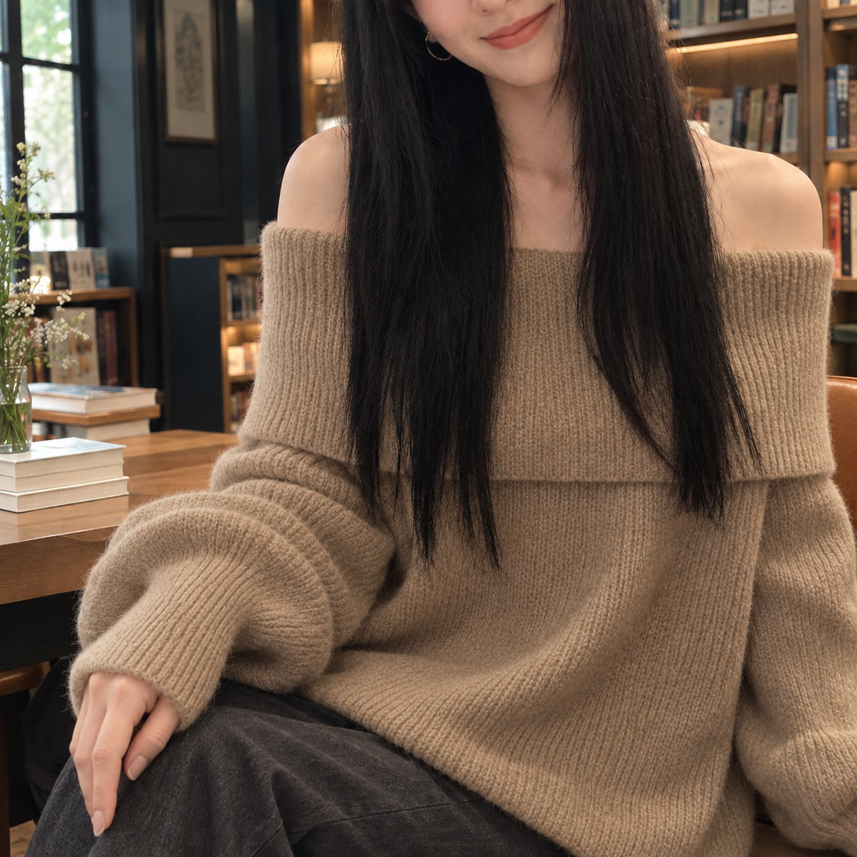 Elena Off Shoulder Sweater - Khaki