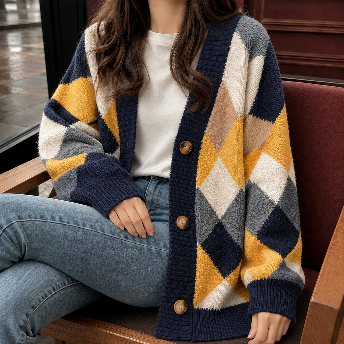 Elodie Argyle Cardigan - Navy Blue
