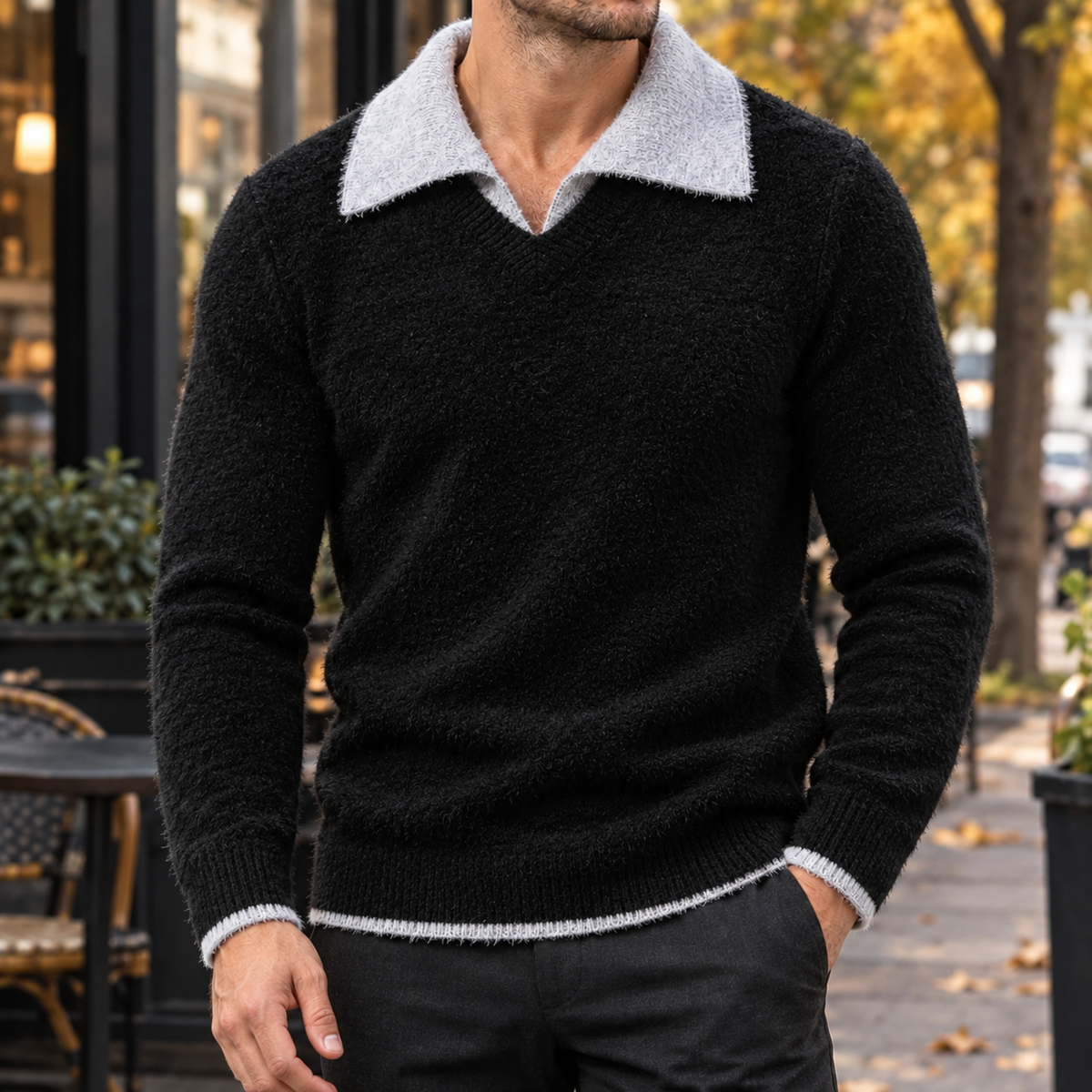 Ellis Contrast Collar Sweater - Black