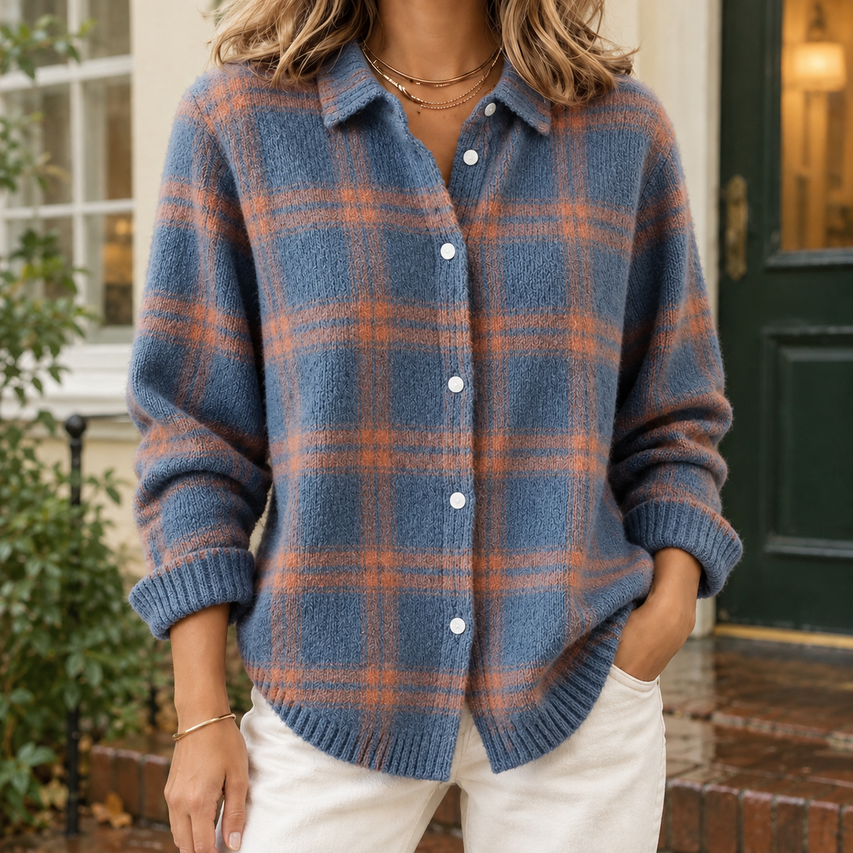 Audrey Plaid Cardigan - Navy Blue