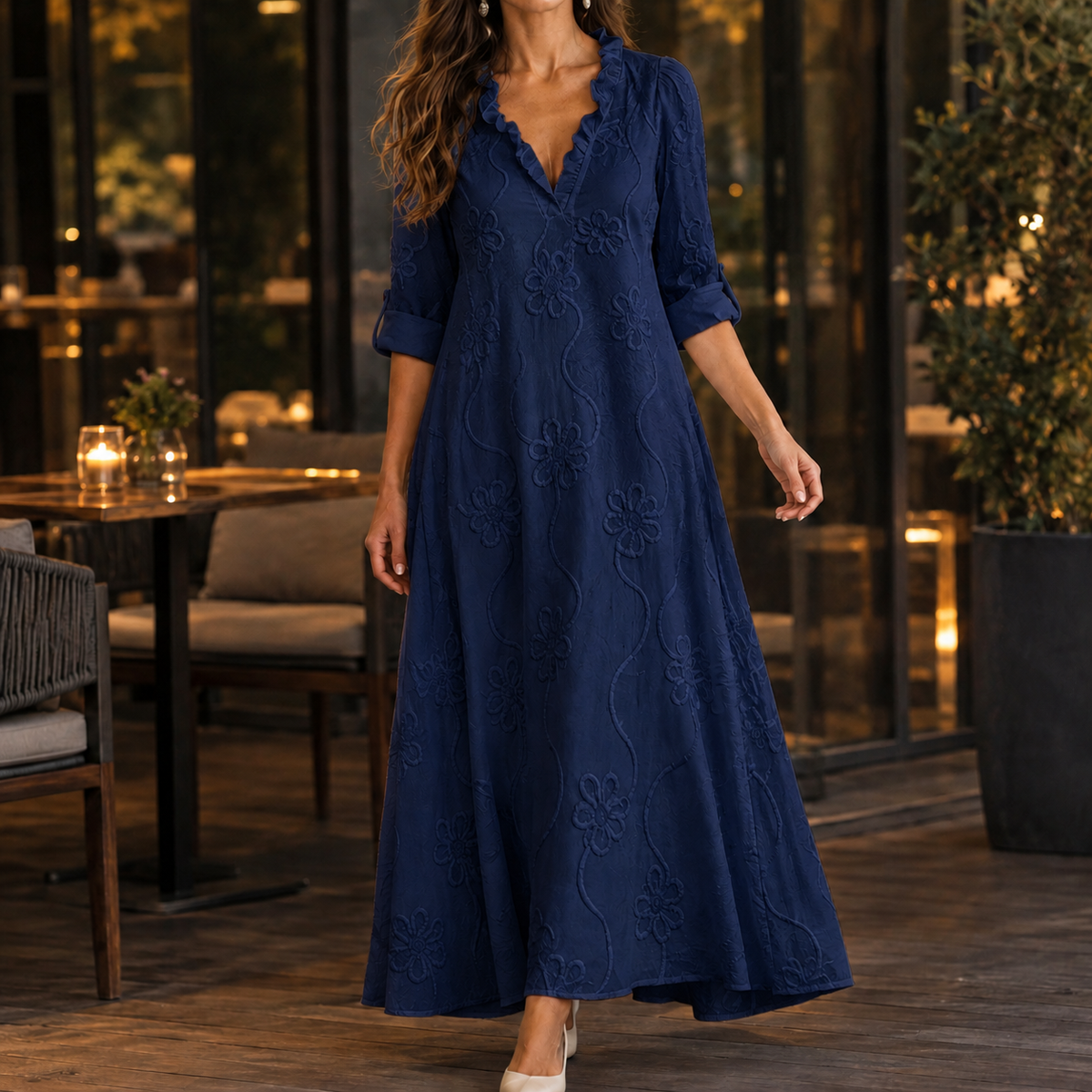 Cora Embroidered Maxi Dress - Navy Blue
