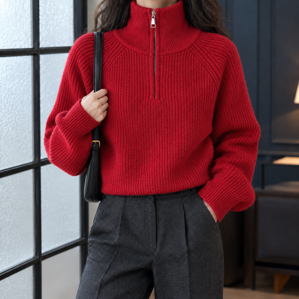 Selena Half-Zip Sweater - Red