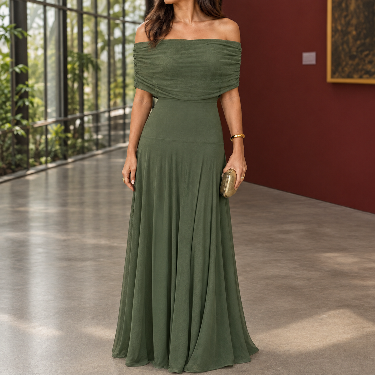 Cleo Off-Shoulder Maxi Dress - Olive Green