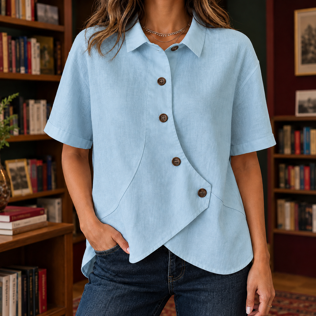 Cadence Asymmetric Shirt - Light Blue