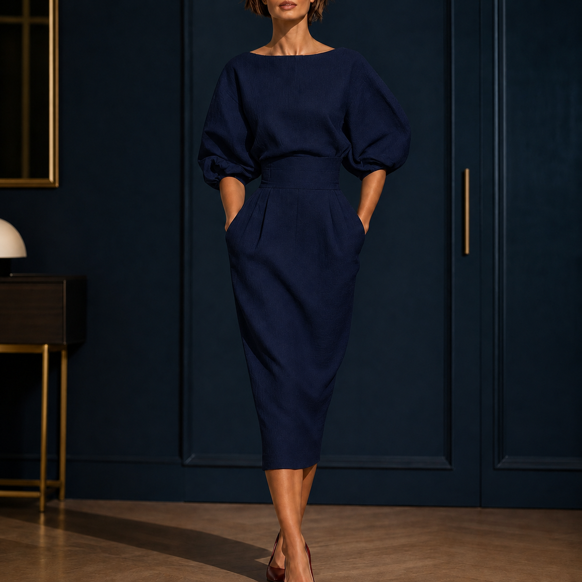 Brooke Sculpted Midi Dress - Navy Blue