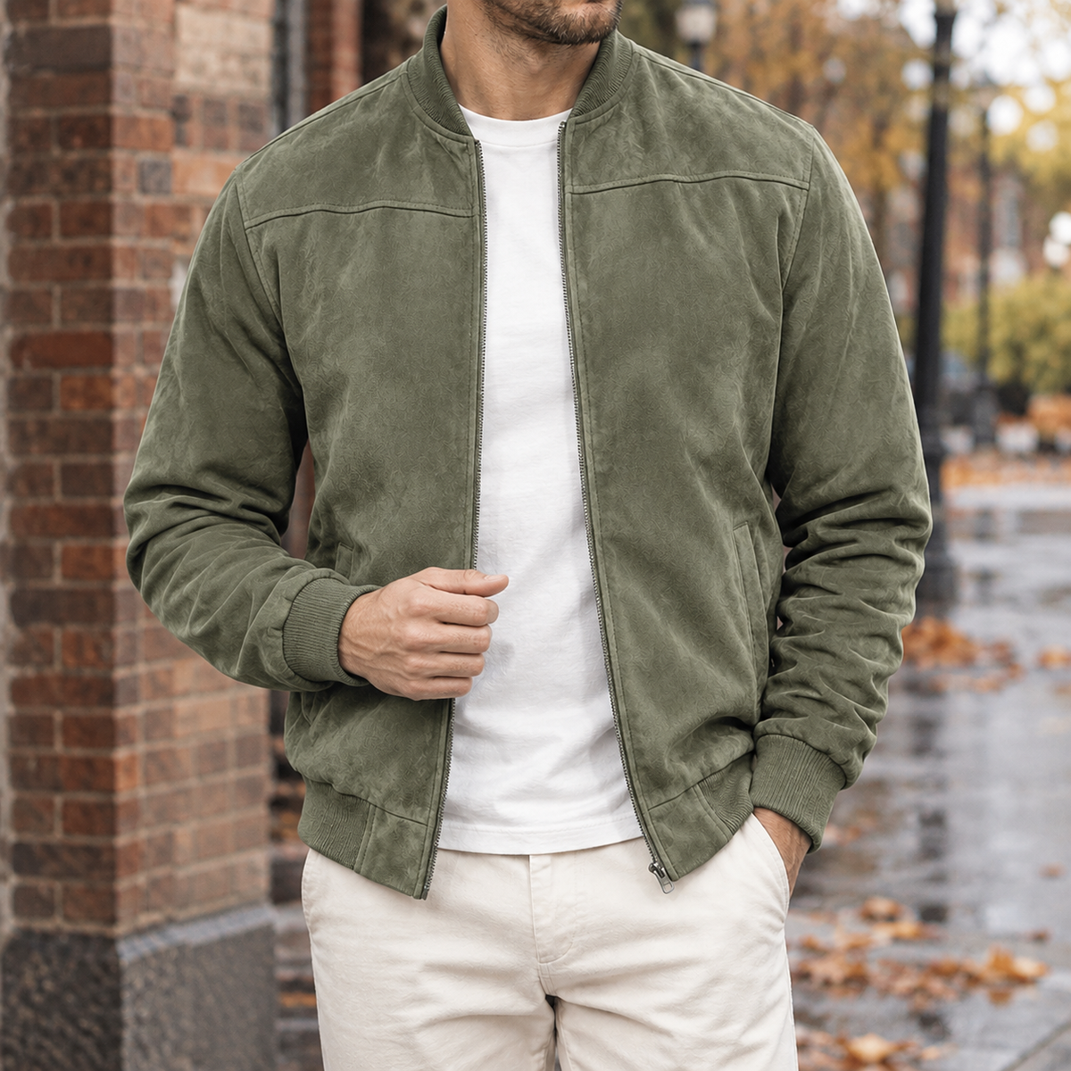Ross Suede Bomber Jacket - Army Green