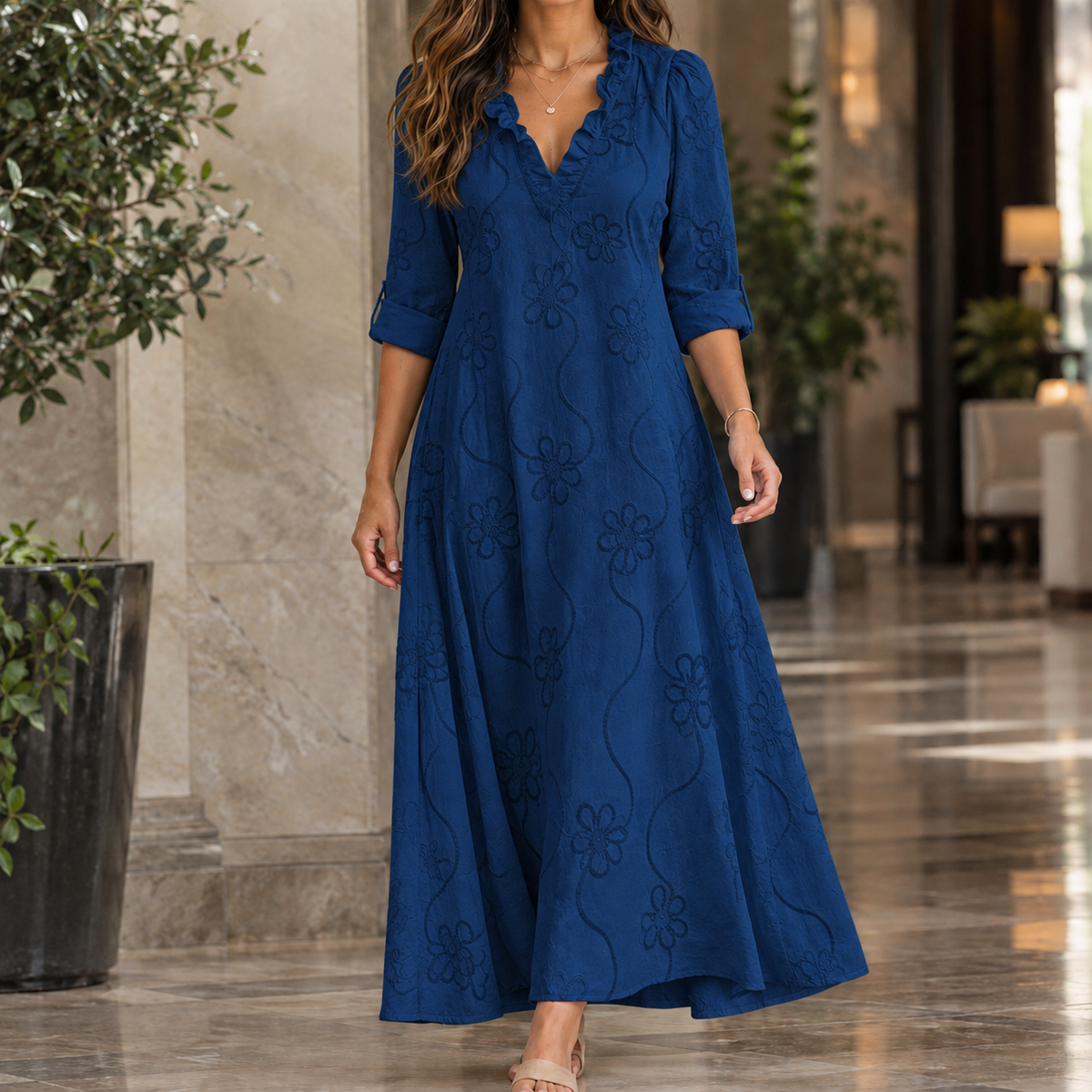 Florence Ruffle Midi Dress - Blue