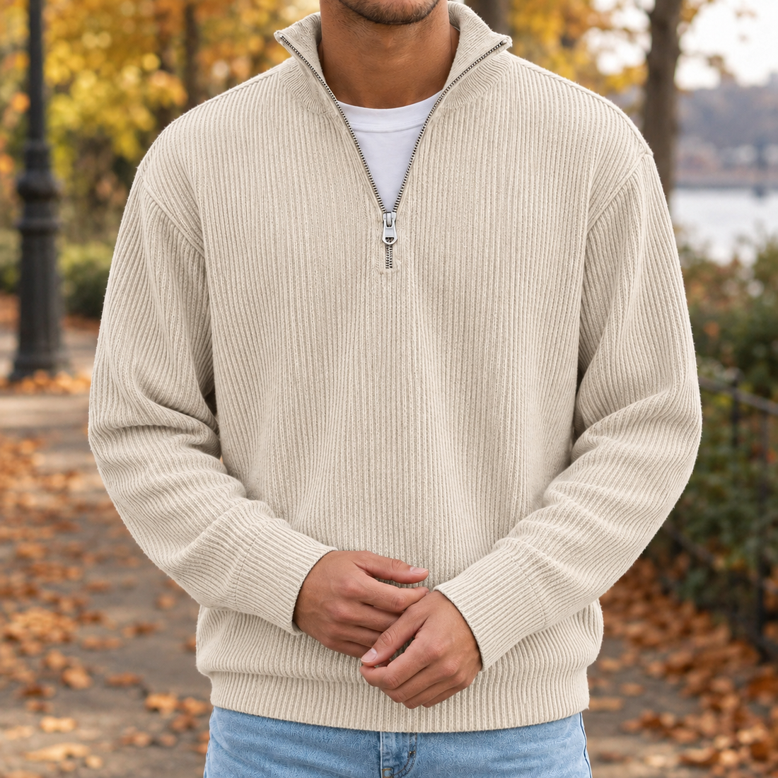Celestin Ribbed Zip Sweater - Khaki