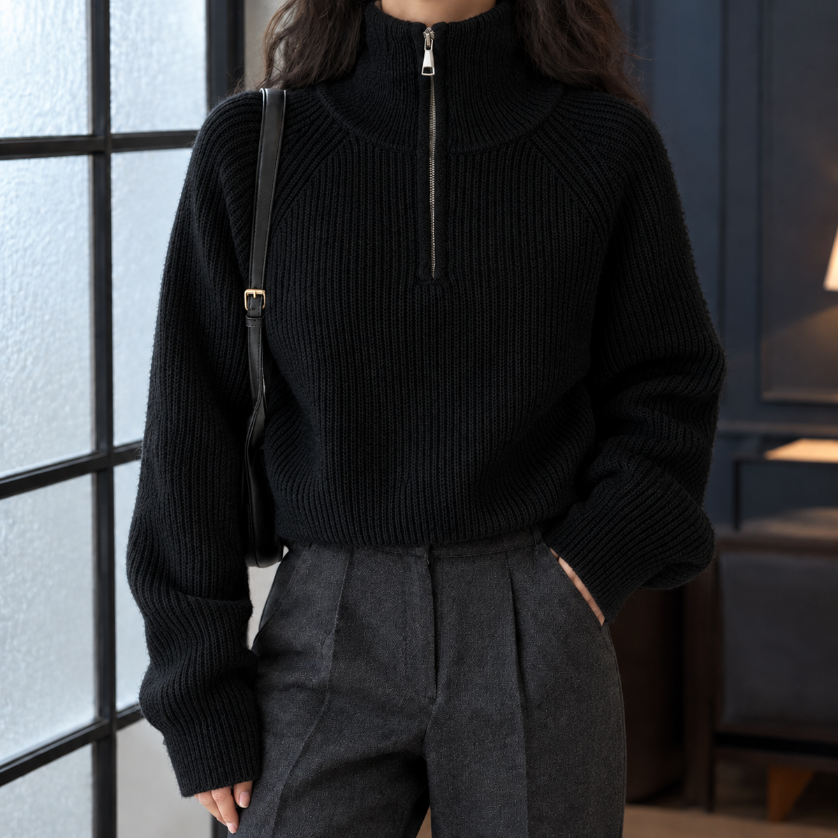 Selena Half-Zip Sweater - Black
