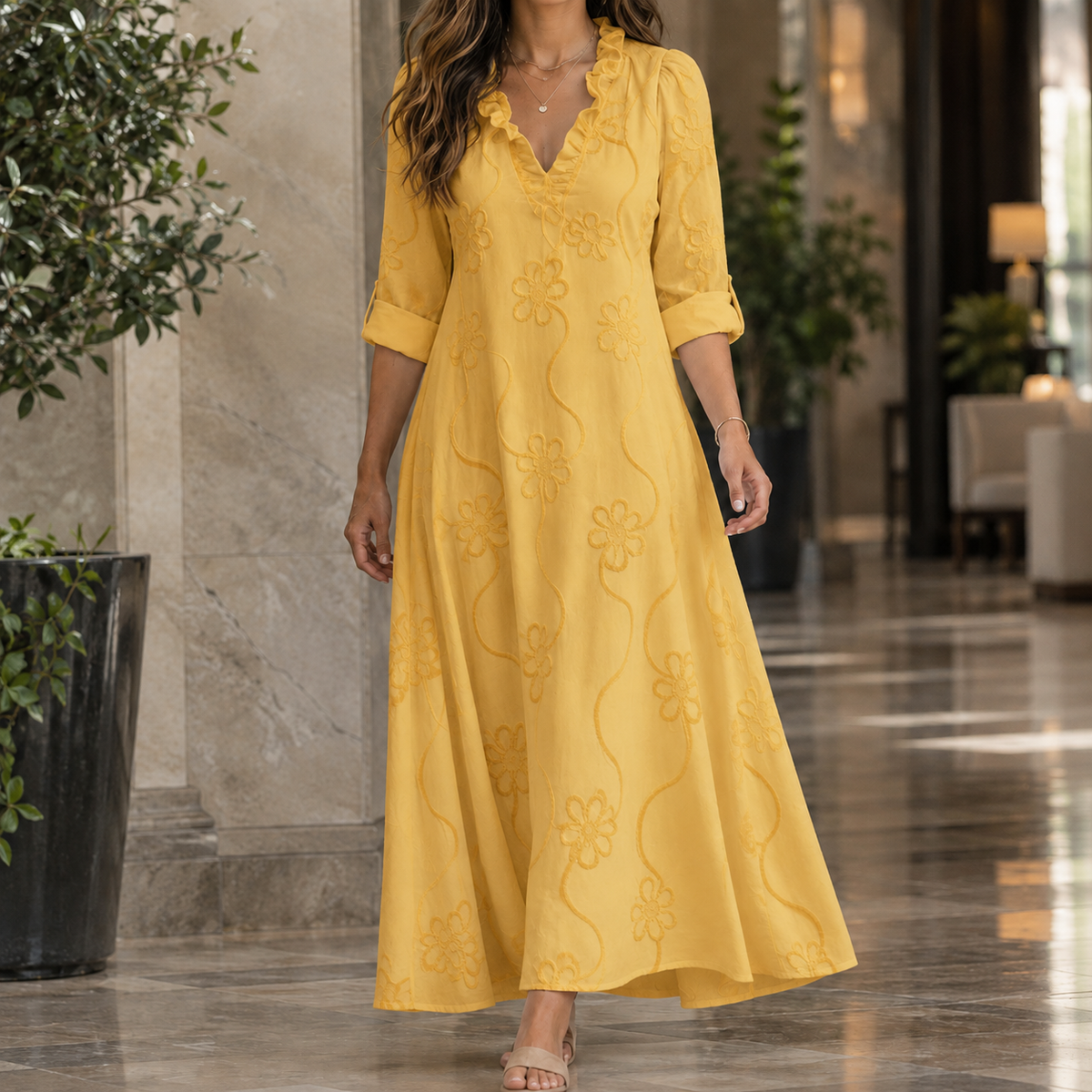 Florence Ruffle Midi Dress - Yellow