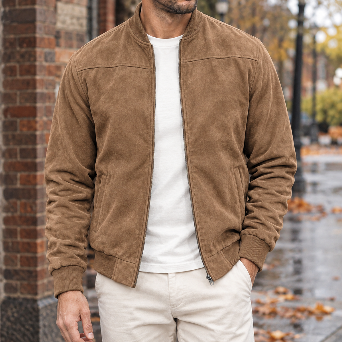 Ross Suede Bomber Jacket - Caramel Brown