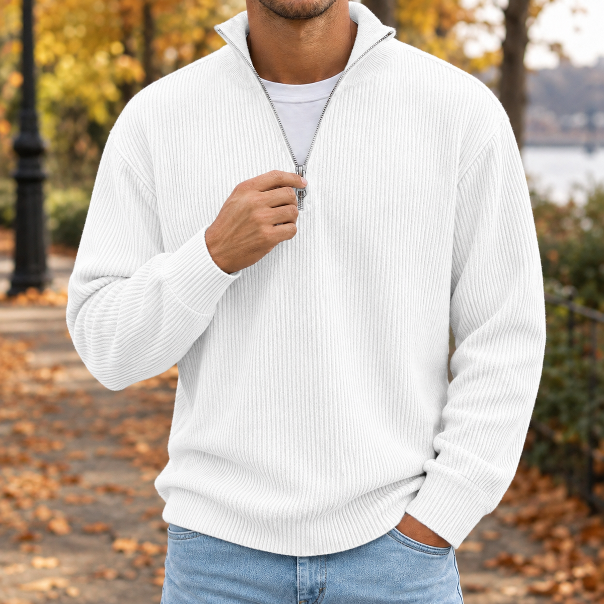 Celestin Ribbed Zip Sweater - White