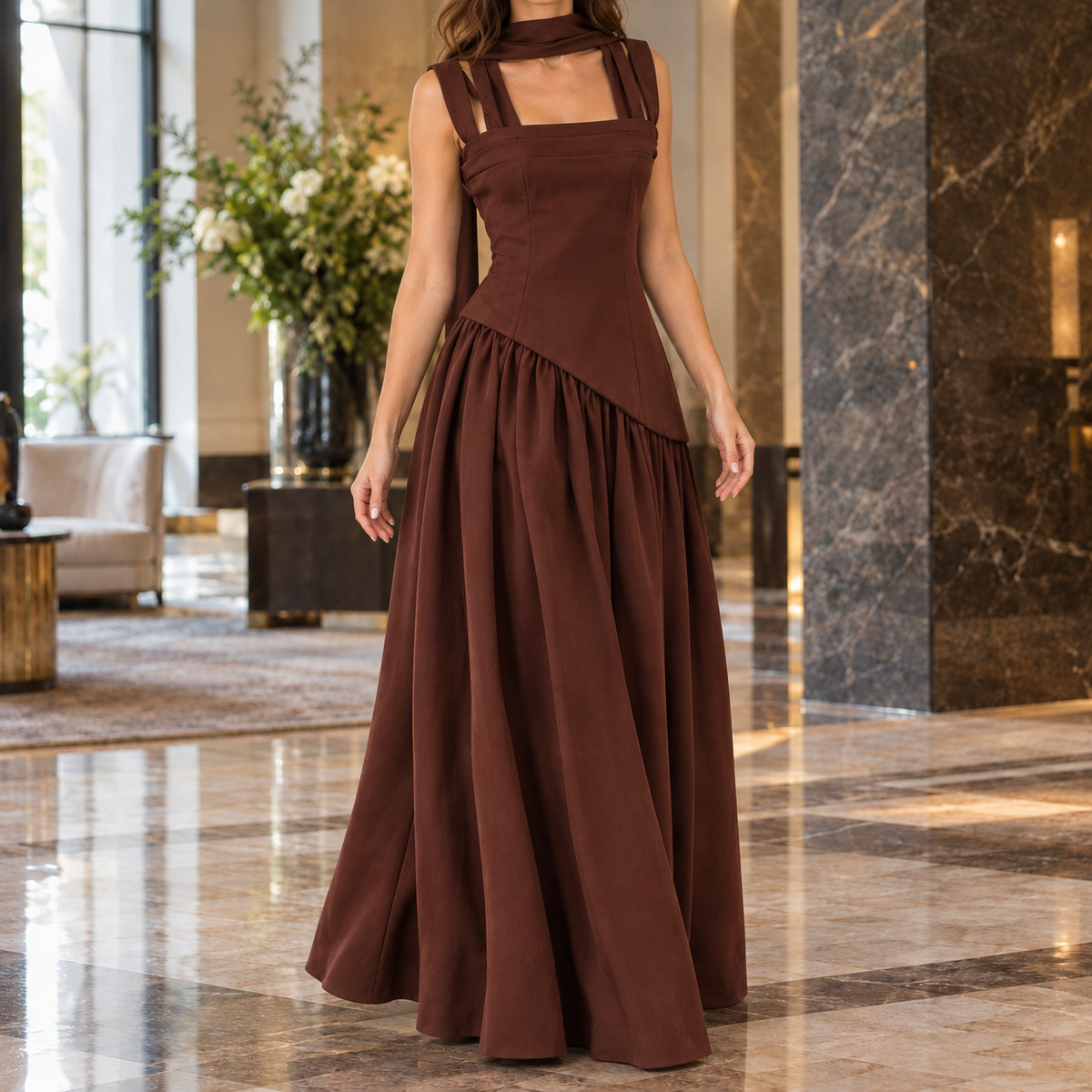 Alba Asymmetric Maxi Dress - Brown