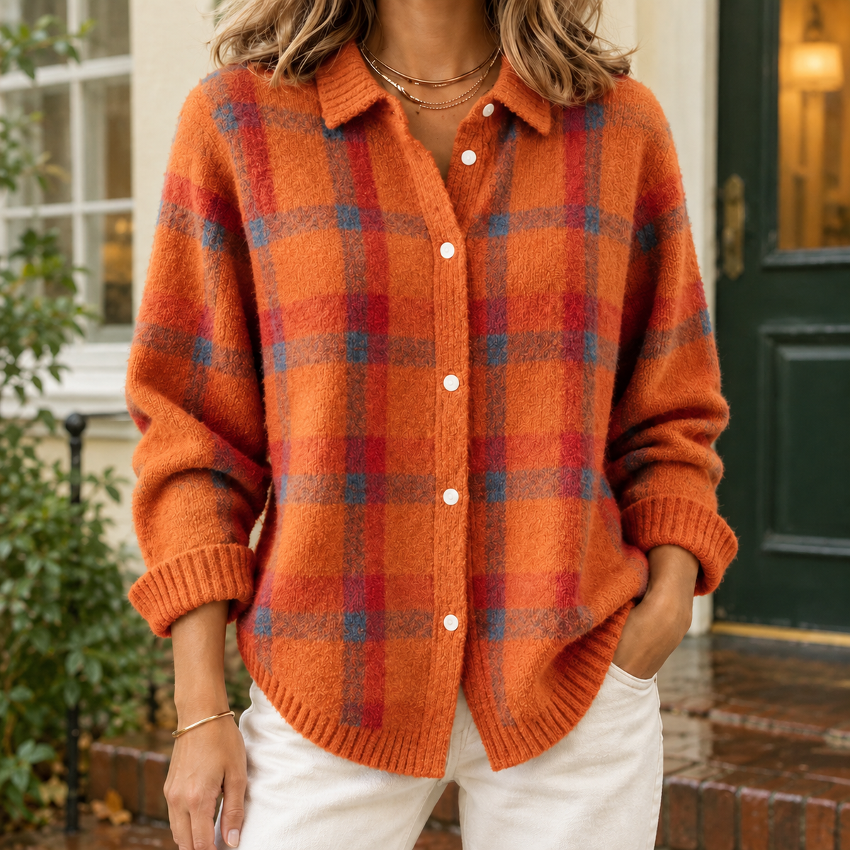 Audrey Plaid Cardigan - Orange Red