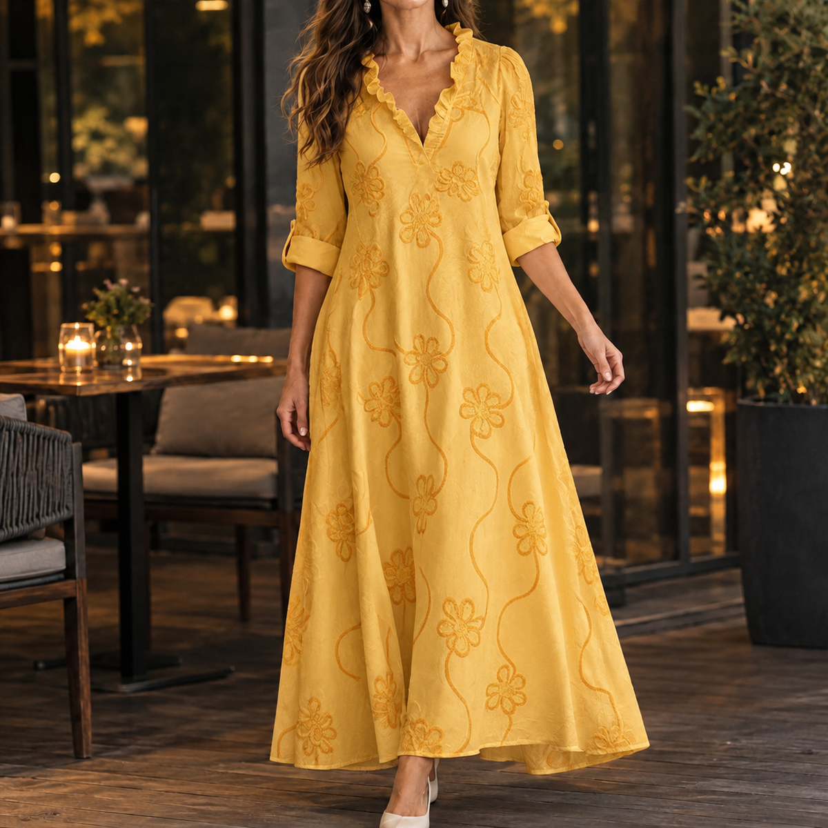 Cora Embroidered Maxi Dress - Yellow
