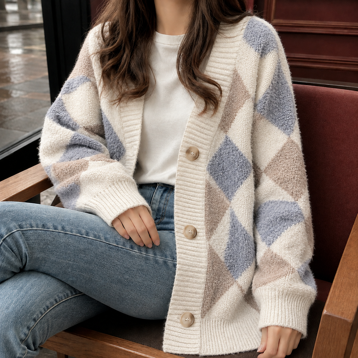 Elodie Argyle Cardigan - Beige