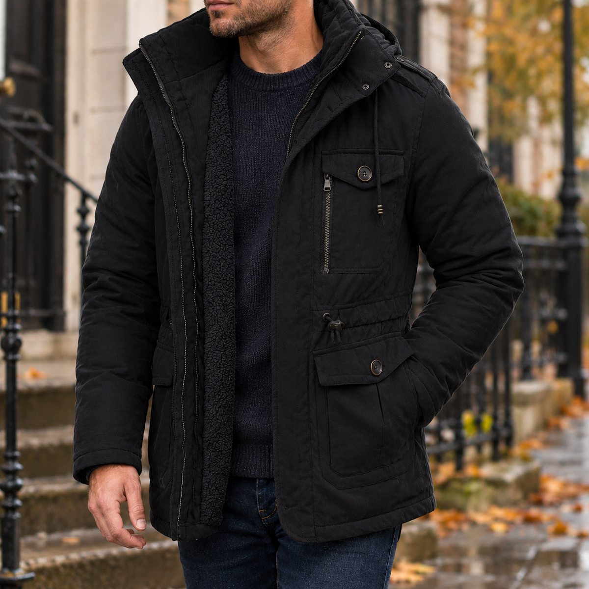 Gustave Hooded Utility Jacket - Black