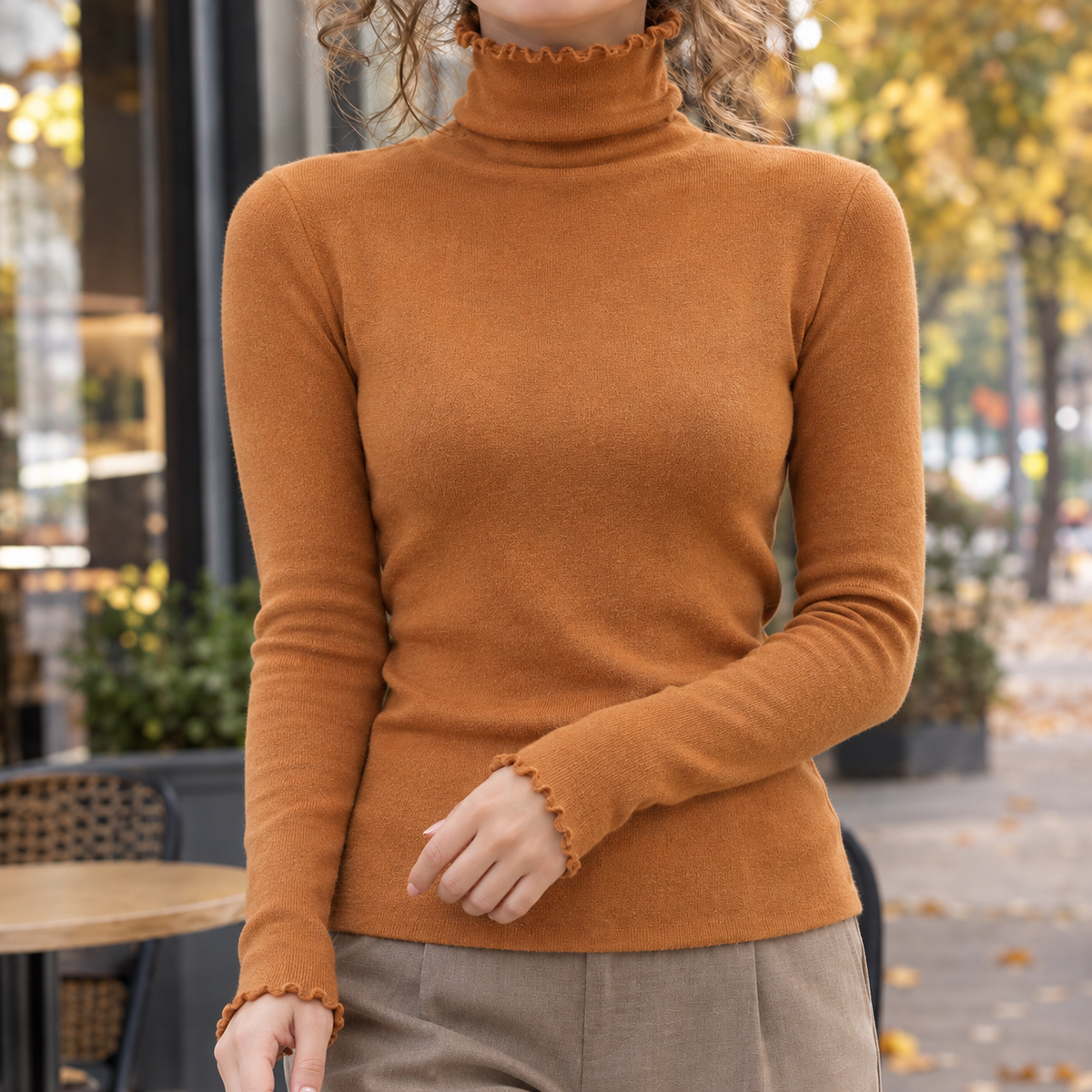 Hyacinth Ruffle Turtleneck - Caramel