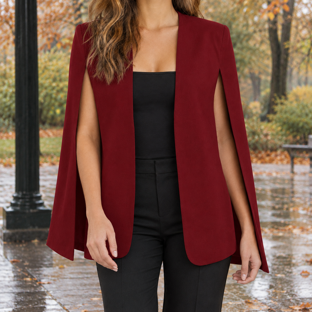 Adeline Collarless Cape Blazer - Wine Red