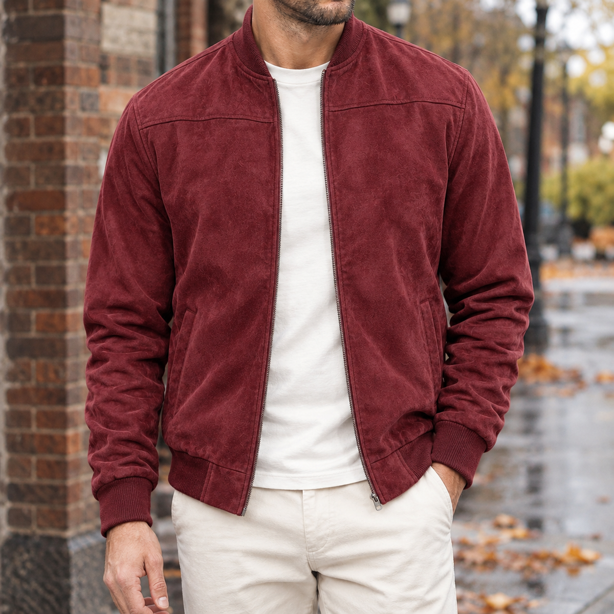 Ross Suede Bomber Jacket - Wine Red